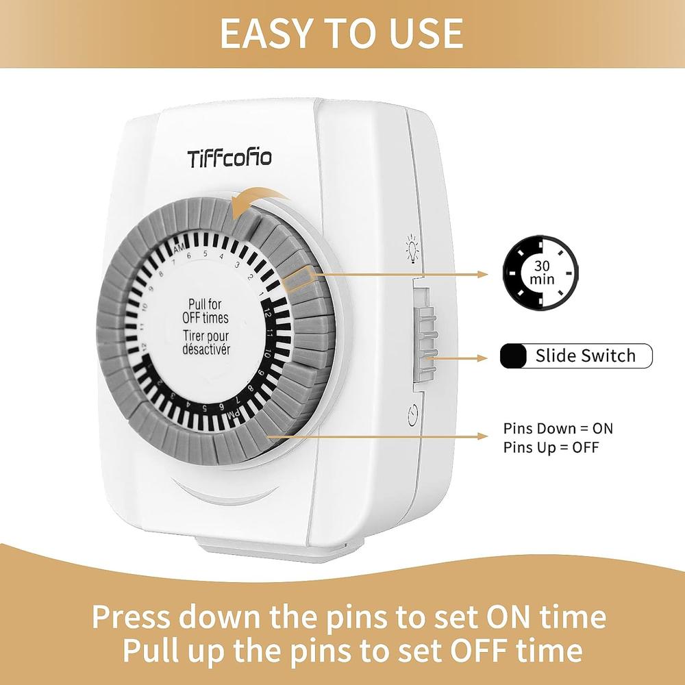 TiFFCOFiO Indoor Mechanical Timers for Electrical Outlets, 2 Prong Plug in Outlet Timer, Daily Repeating Light Timer, ETL Liste