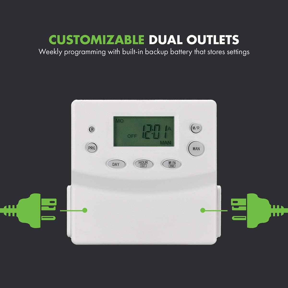 TOPGREENER Heavy Duty 7 Day Programmable Plug-in Digital Timer, Dual Outlet, for Lights, Lamps, Electrical Outlets, Grounded Outlet, Rando