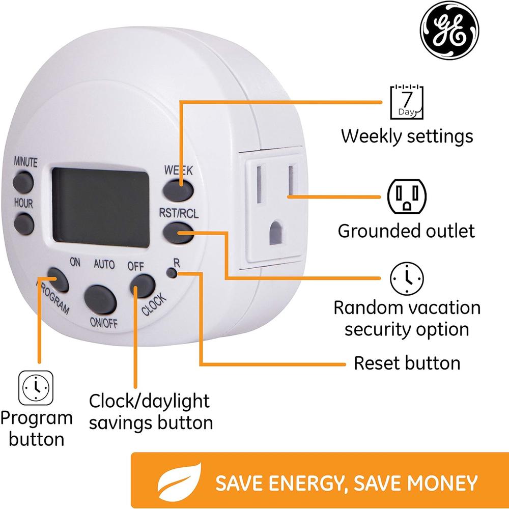GE 7-Day Programmable Digital Timer, 1 Outlet Grounded, Plug-In Indoor, LED, CFL, Incandescent, Ideal for Lamps, Portable Fans, Se