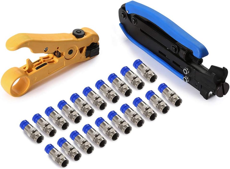 Hiija RG6 Compression Tool Coax Cable Crimper Kit RG6 RG11 RG59 F81 with 20PCS F Compression Connectors - BlueYellow