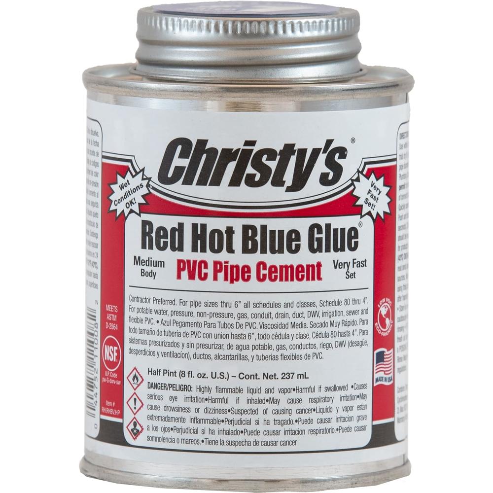 Generic Christy's Red Hot Blue Glue PVC Cement - Medium Body, Very Fast Set, Low-VOC, 1/2 Pint (8 fl oz)