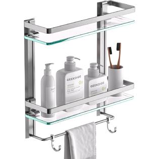GeekDigg Bathroom Glass Shelf with Towel bar, 2 Tier Wall Mounted Tempered  Glass Shower Storage Organizer with 8MM Extra Thick, 15.2 by