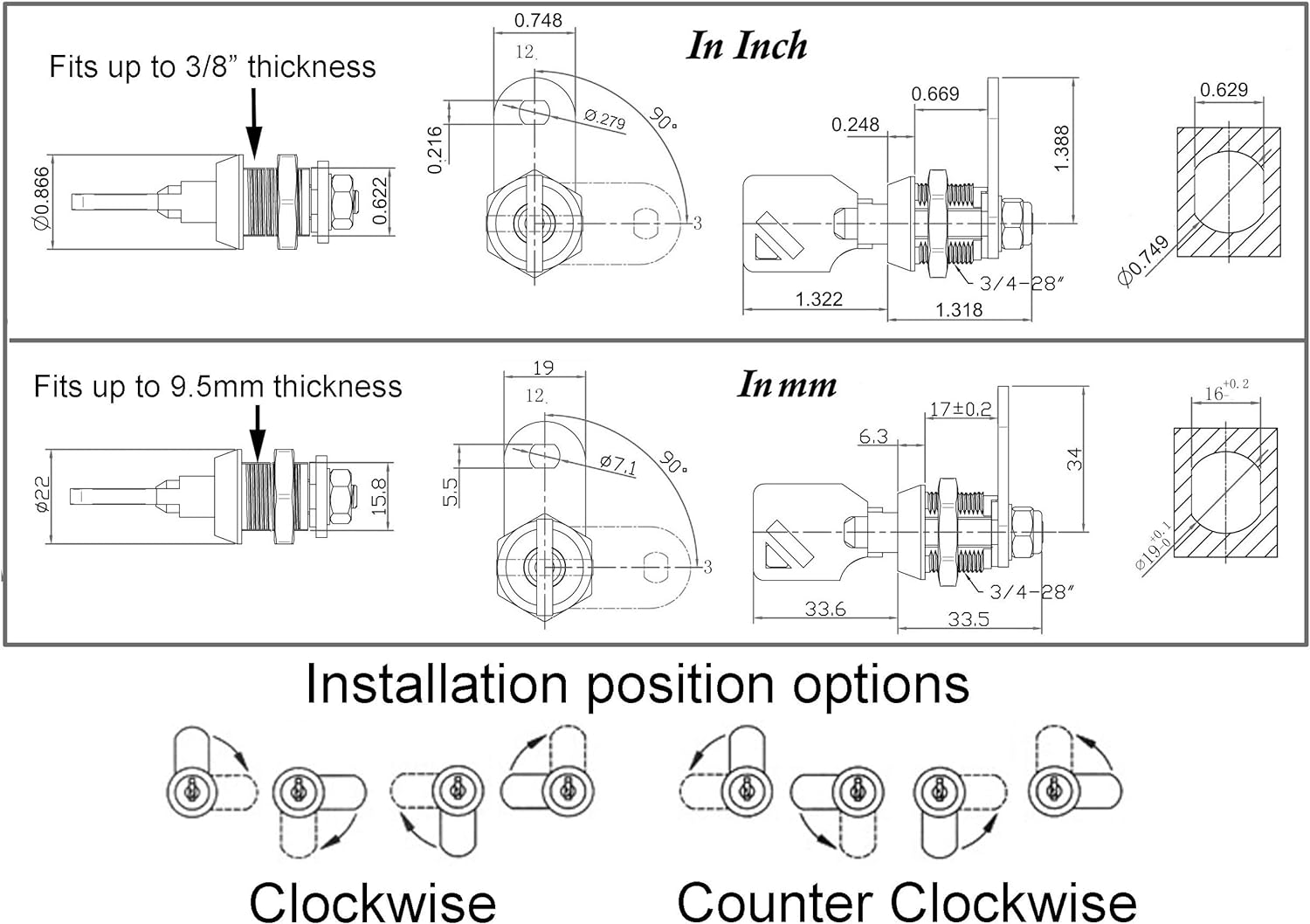 Admiral Locks 5/8&#226;&#128;&#157; Tubular Cam Lock, Keyed Alike Removable Key RV Compartment Storage Lock Cabinet Locks (5/8 In
