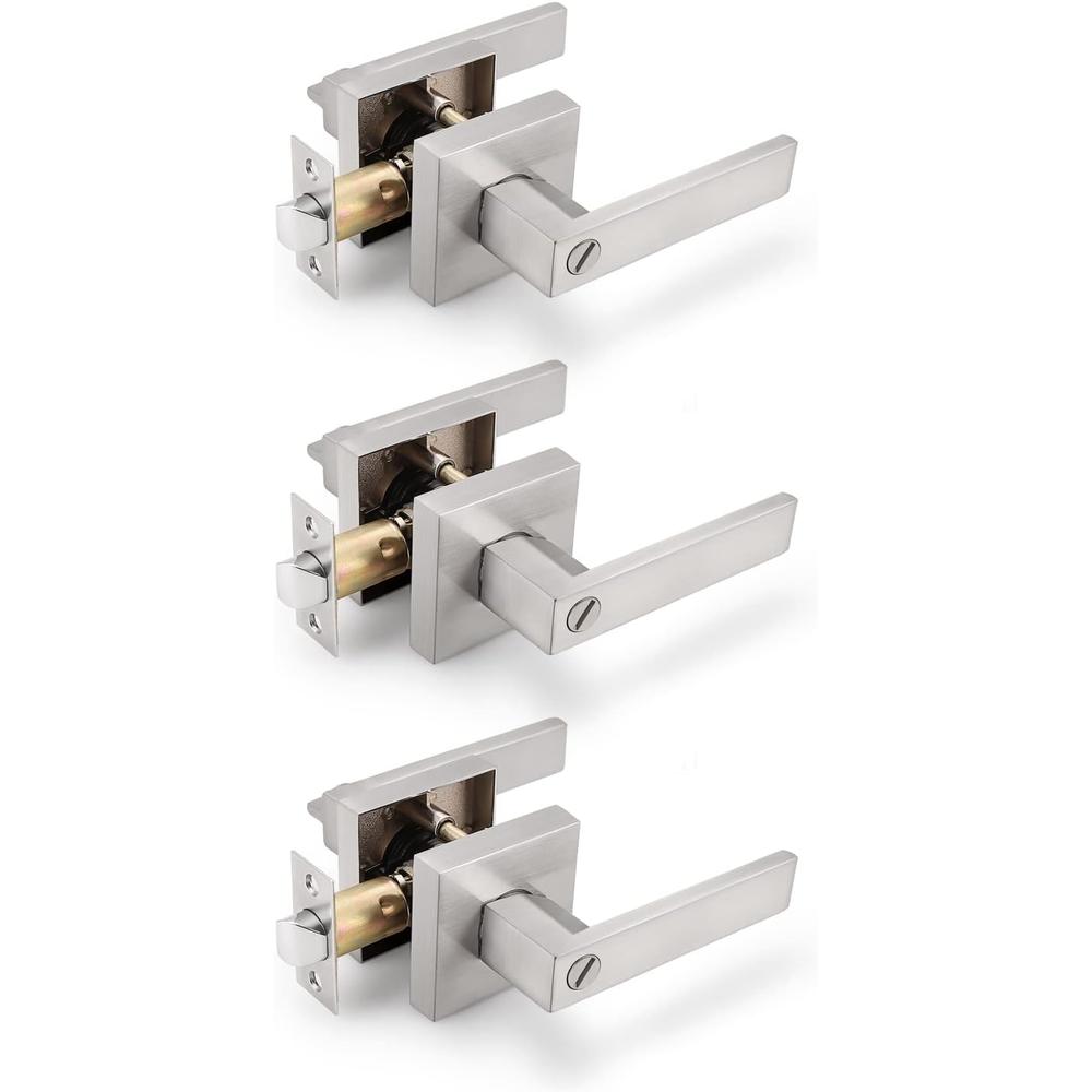Gobrico Square 3 Pack Satin Nickel Privacy Door Locksets,Square Interior Door Levers for Bed/Bath,Thumb-Turn Button Inside