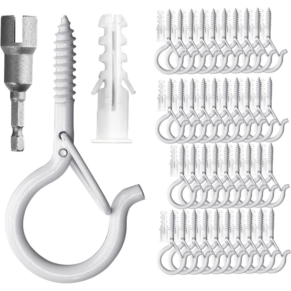 PlusRoc 40 Pack Q-Hanger String Light Hooks for Haning Lights Plants with Wing Nut Driver, 2.2 Inch White Cup Hooks Screw in Ceiling Ho