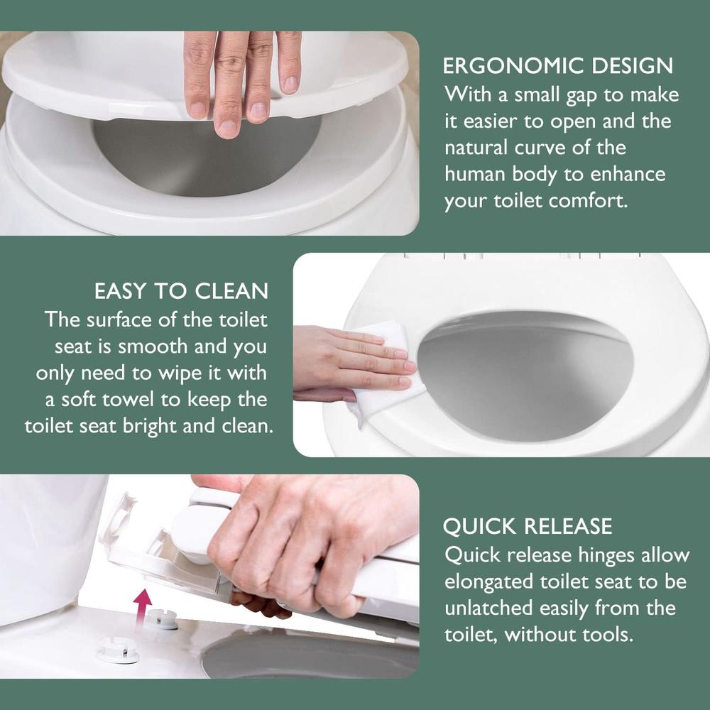 Lamea Toilet seat Elongated with Slow Close Hinges, Four Bumpers Never Loosen and Easily Remove, Two Sets of Parts, Plastic, White