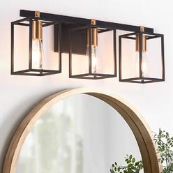 Liwuu Modern Industrial Bathroom Vanity Light Fixtures 3 Lights  Black and Antique Brass Gold Metal Cage Farmhouse Rustic Wall Sconce