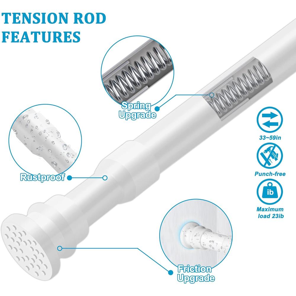 QILERR Tension Curtain Rod 33 to 59 Inches Adjustable Extension Spring Tension Rods Easy to Install No Drilling Curtain Rod for window
