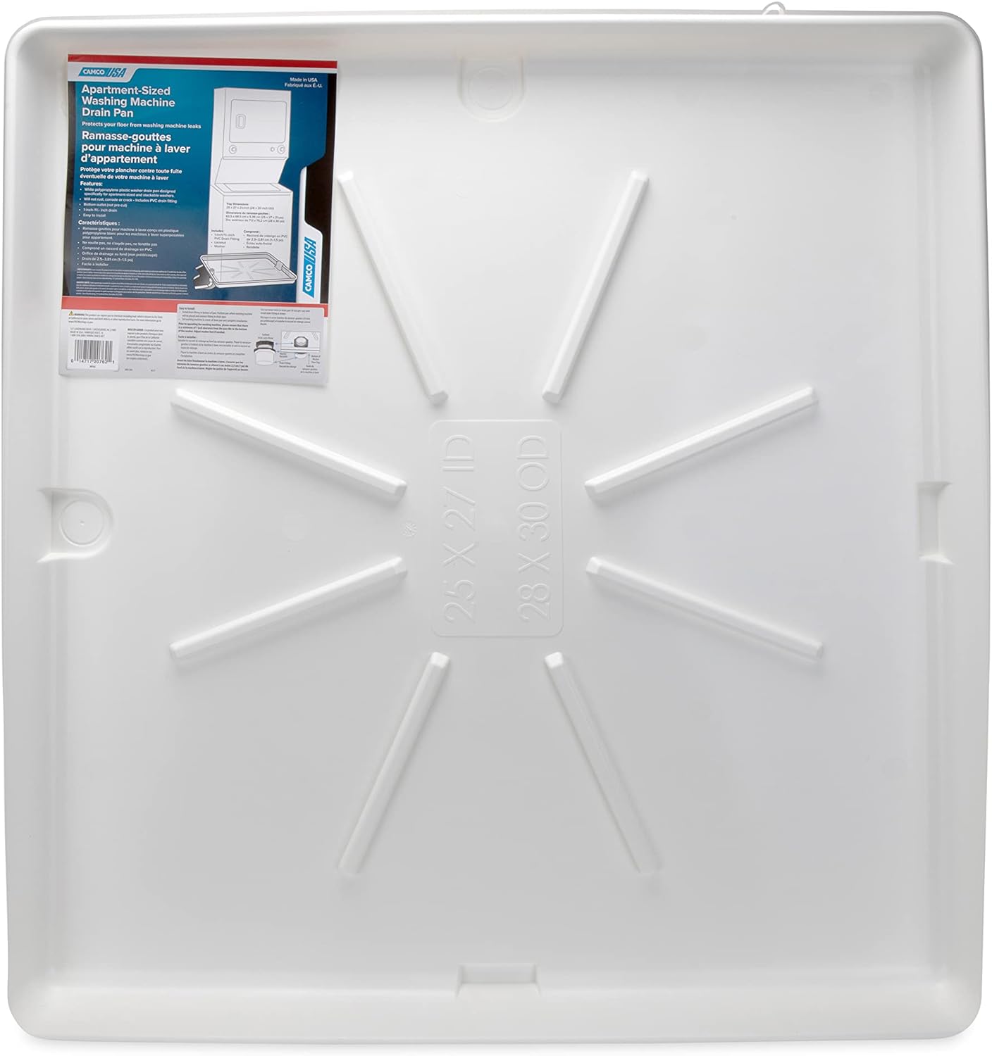 Camco Washing Machine Drain Pan for Stackable Units with PVC Fitting - Collects Water Leakage and Prevents Floor Damage - White (2100