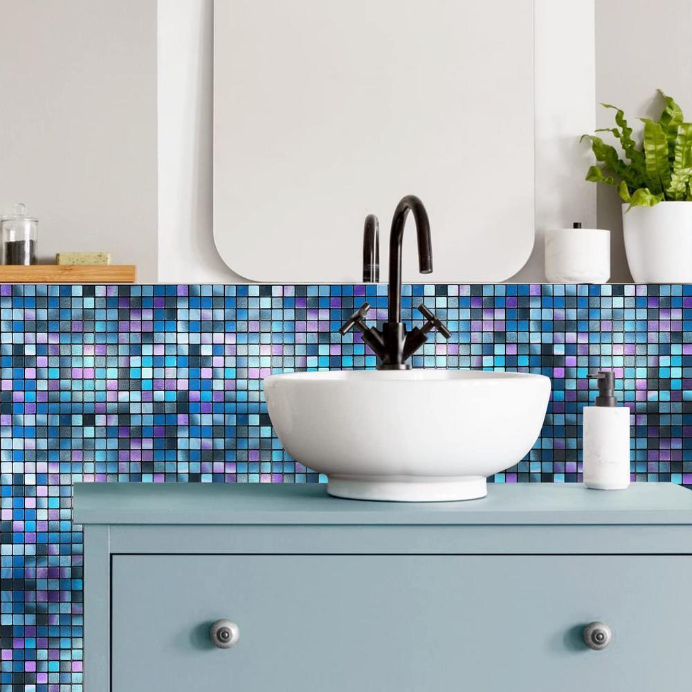 XUANINY Peel and Stick Backsplash Tiles for Kitchen,Bathroom ,Fireplace ,Self Adhesive Metal Aluminum Mosaic (12"x12") (5, Bl