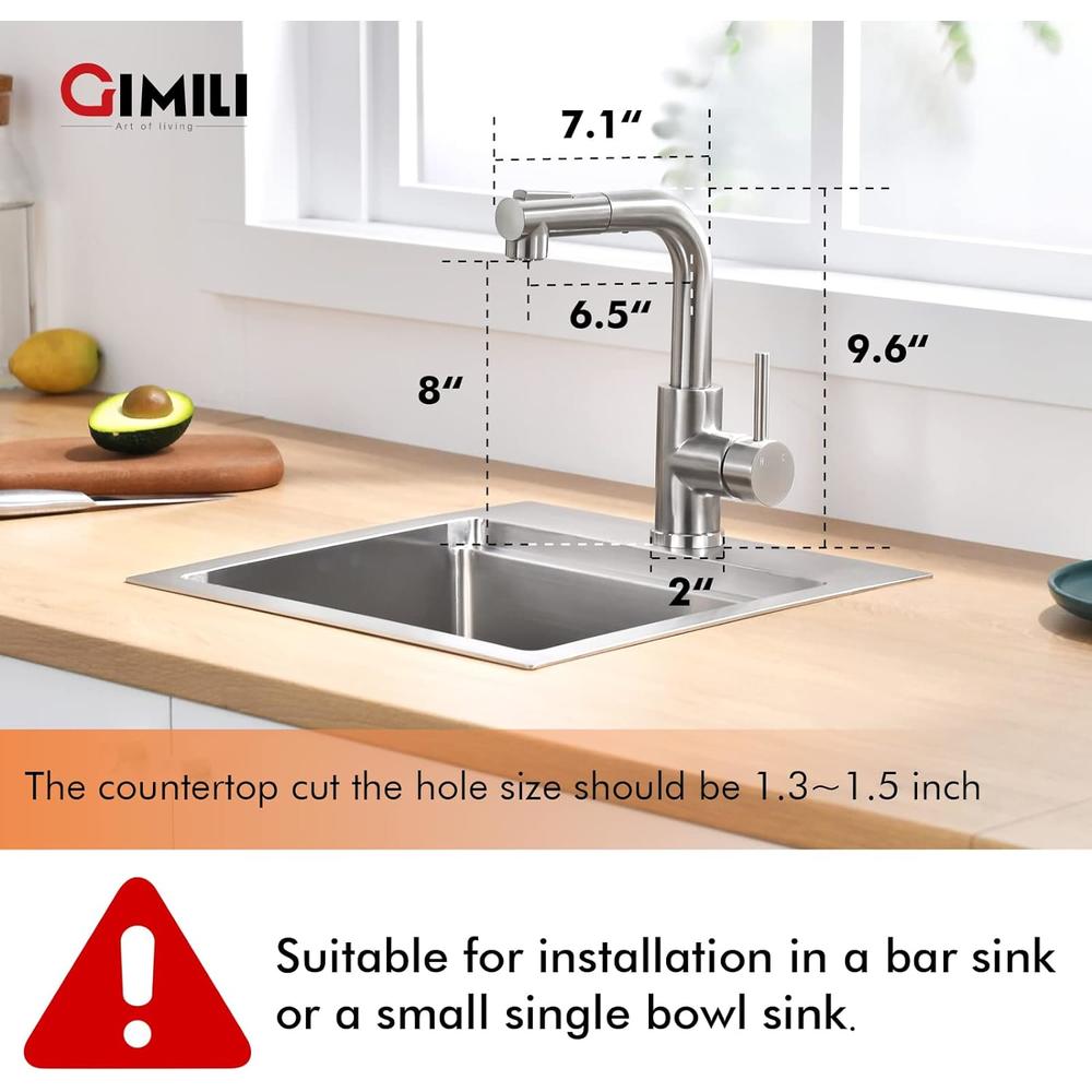 GIMILI Modern Bar Sink Faucet for Kitchen Sink Single Handle with Pull Out Sprayer Hot and Cold Prep Sink Faucet Brushed Nickel