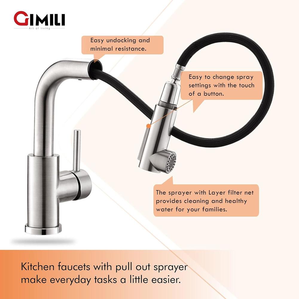 GIMILI Modern Bar Sink Faucet for Kitchen Sink Single Handle with Pull Out Sprayer Hot and Cold Prep Sink Faucet Brushed Nickel