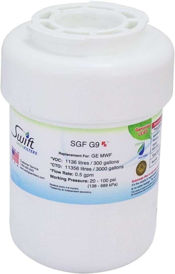 Swift Pharmaceutical Water Fil SGF-G9 Rx Pharmaceutical Replacement water filter for GE MWF, WF287, 46-9991,EFF-6013A,46-9905, by Swift Green Filters (1pack)