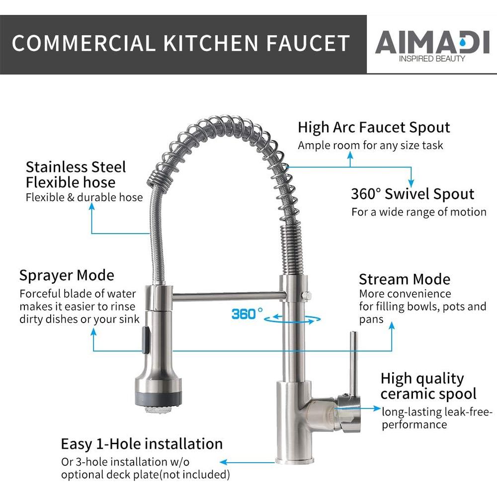 Aimadi Modern Kitchen Faucet Pull Down Sprayer,Stainless Steel Single Handle Kitchen Sink Faucet with LED Light,Brushed Nickel