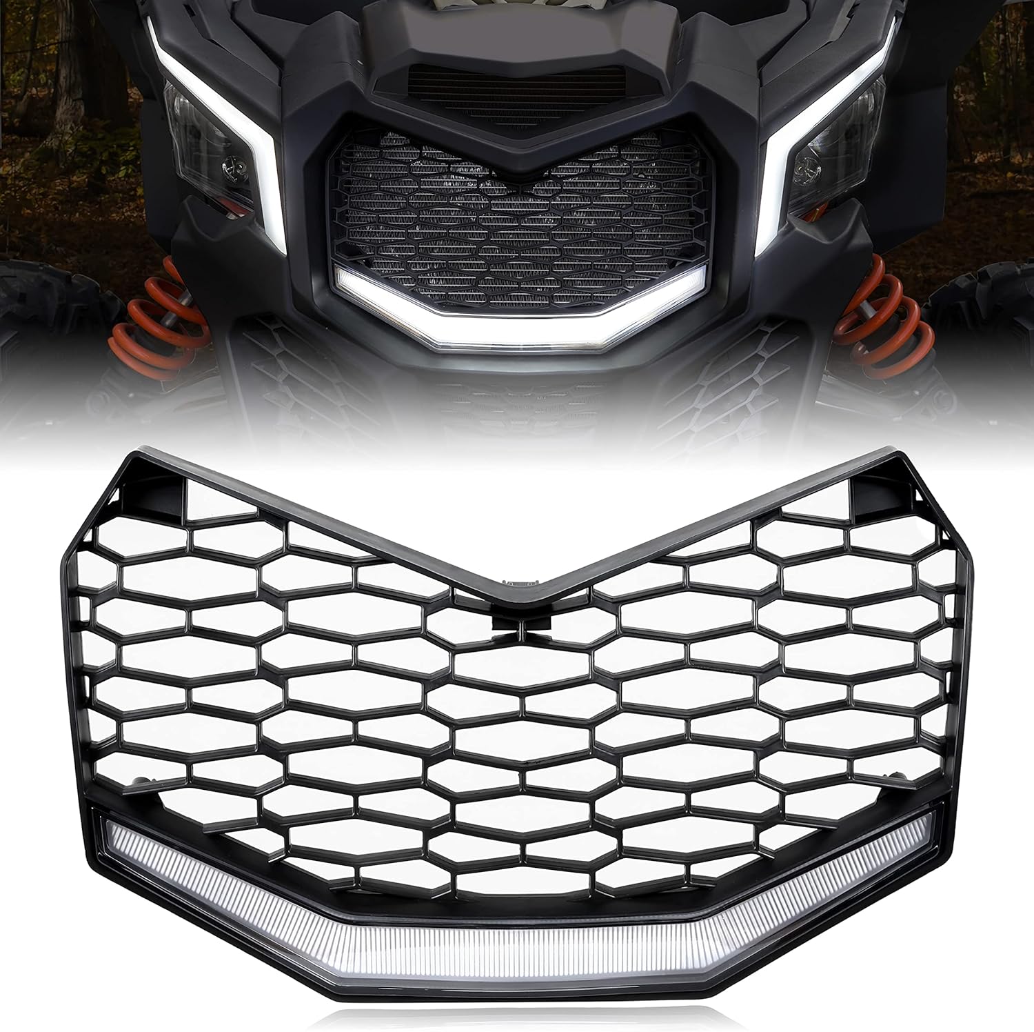 SAUTVS Front Grille for Maverick X3 2017-2022,  New Upgrade Premium Front Bumper Mesh Grill with LED Light Bar for Can-Am Maverick X3