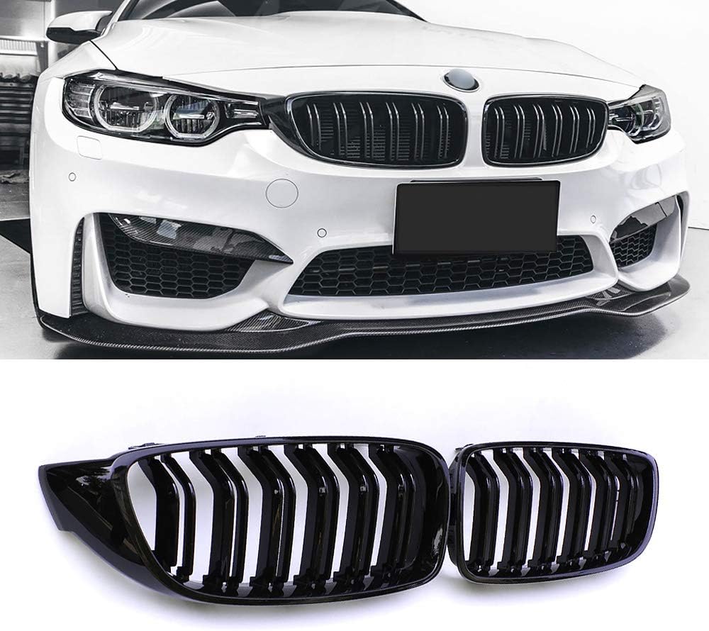 SnAF SNA F32 Kidney Grill Fit for BMW 4 Series F32 F33 F36 (2014-2019) F82 M4 F80 M3 (2015-2019) (Black Double Slats ABS Grille, 2-p