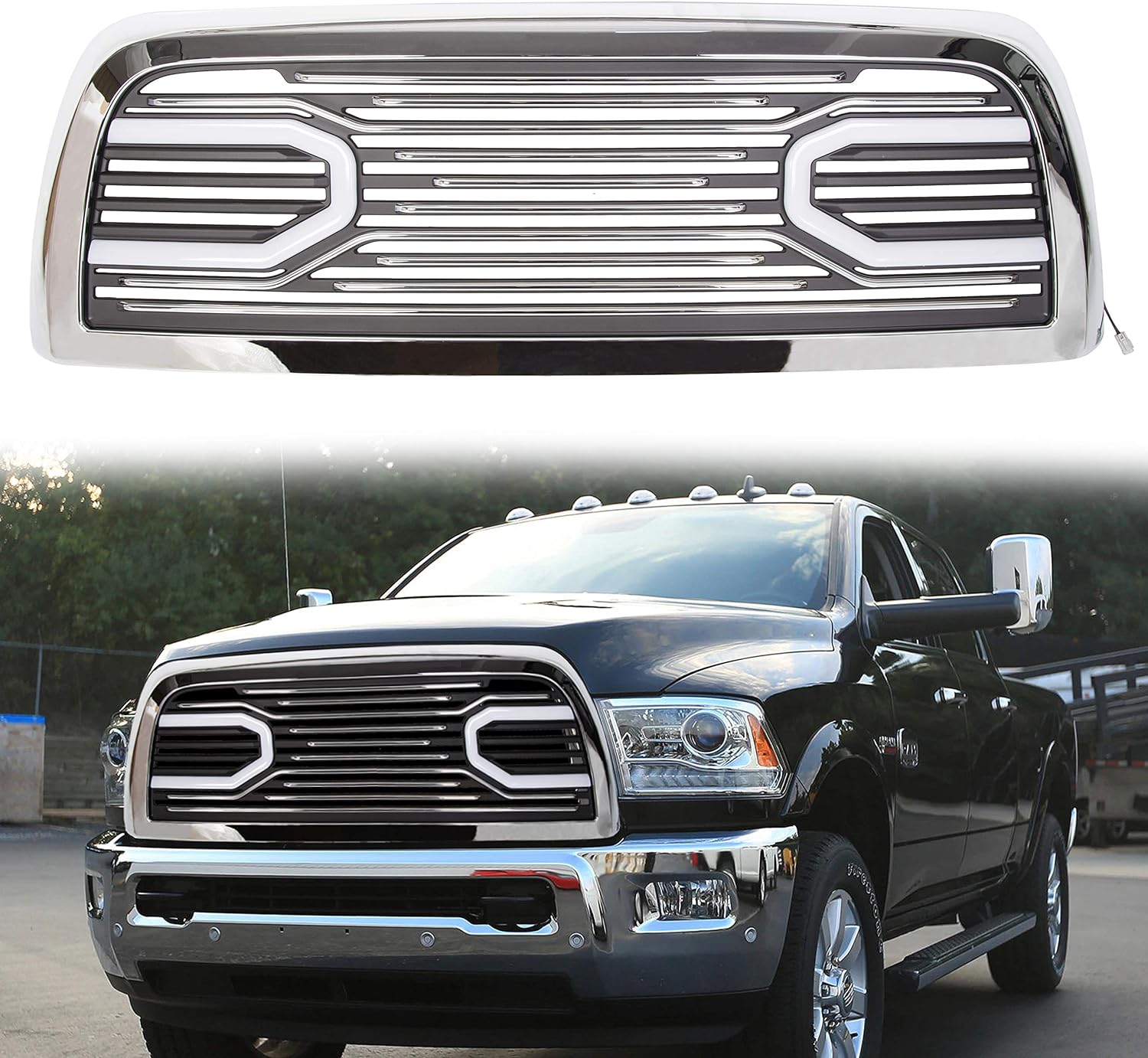 ECOTRIC Front Hood Bumper Grille Grill Compatible with 2010-2018 Dodge Ram 2500 3500 4500 Replacement Shell Big Horn Horizontal Style -