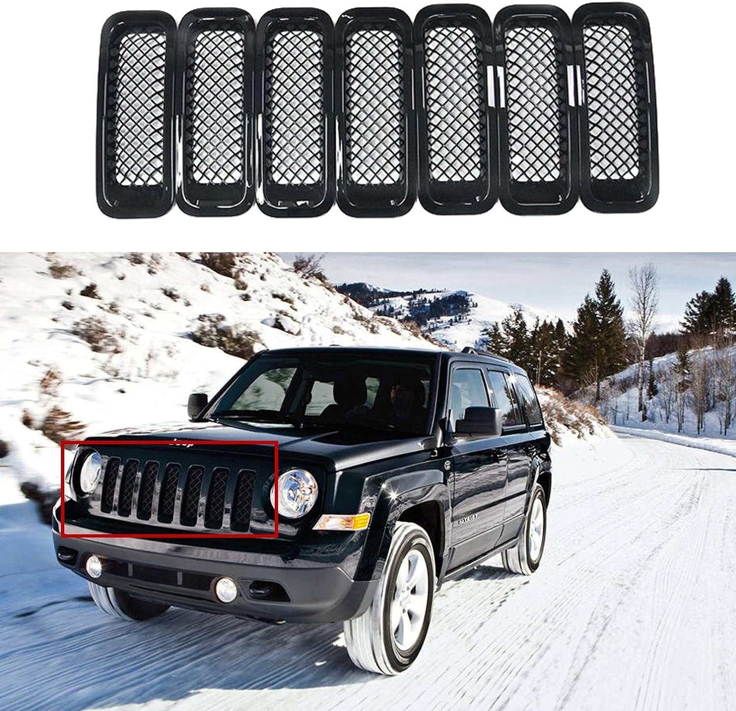 AVOMARR AVOMAR Front Grille Grill Mesh Grille Insert Kit + Angry Bird Style Headlight Lamp Cover Trim Compatible for Jeep Patriot 2011-