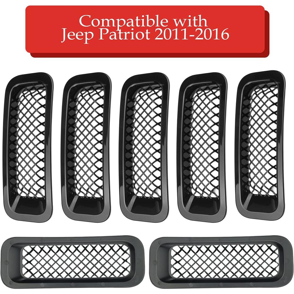 AVOMARR AVOMAR Front Grille Grill Mesh Grille Insert Kit + Angry Bird Style Headlight Lamp Cover Trim Compatible for Jeep Patriot 2011-
