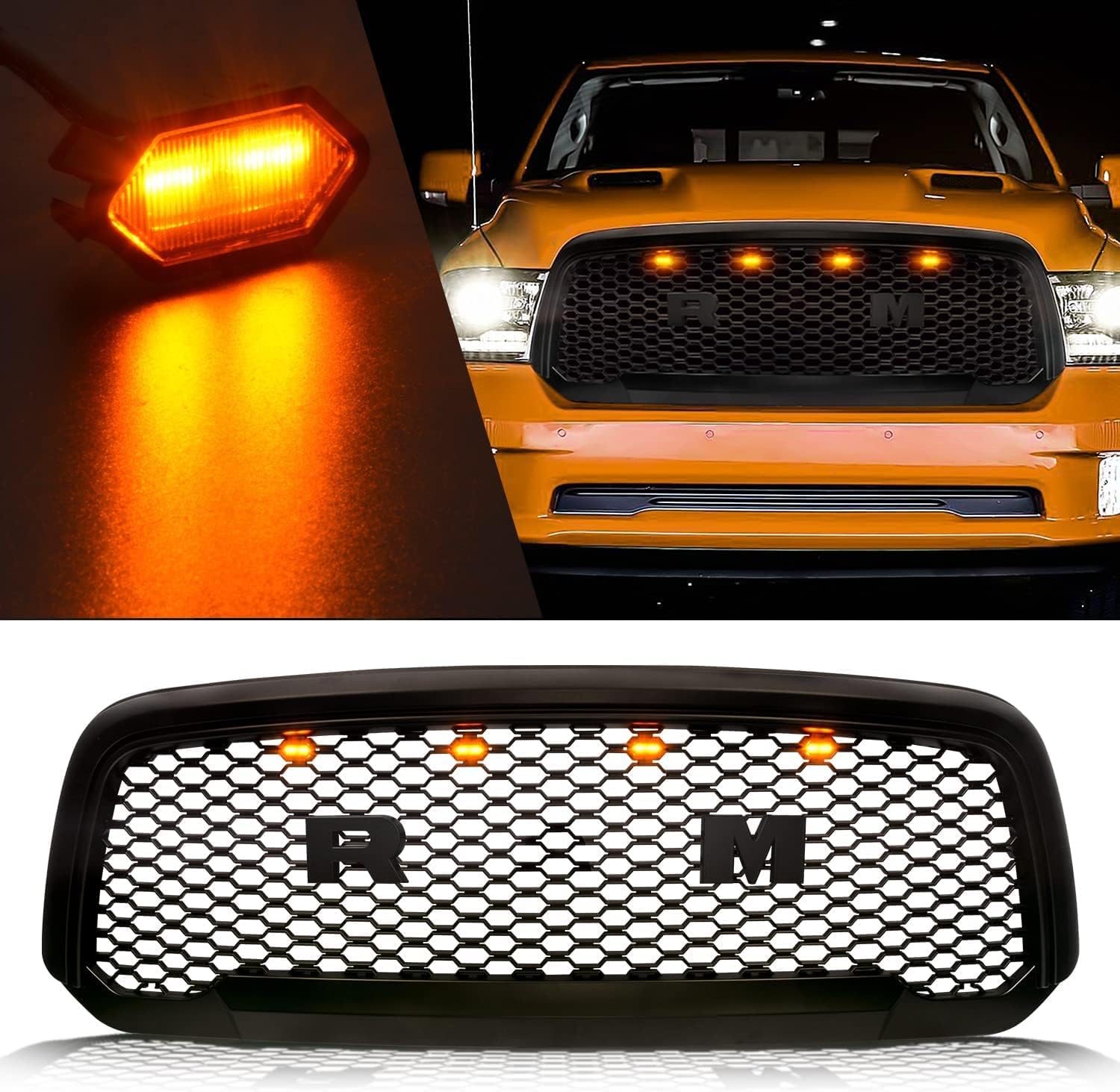 Helen Autoparts Grill Amber Light Fit for Dodge Ram Grille 2013 2014 2015 2016 2017 2018 4Pcs LED Lights (Yellow surface amber light)
