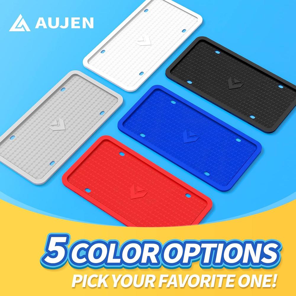 Aujen Silicone License Plate Frames 2 PCS for US Standard Car, 100% Street Legal License Plate Cover, Rattle-Proof and Easy Installat