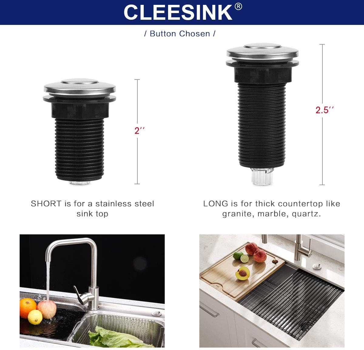 Cleesink Air Activated Switch Button with Air Hose, Sink Top Stainless Steel Brushed Push Button for Food Waste Garbage Disposal Part (L