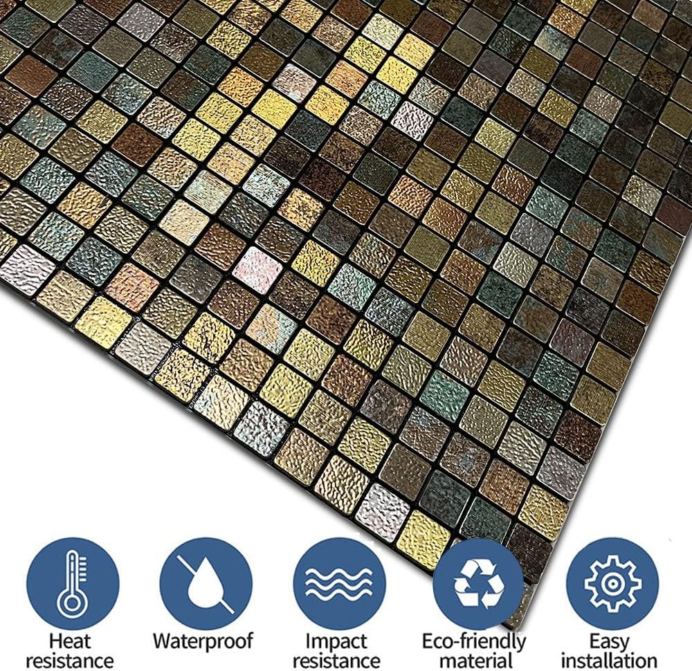 XUANINY Peel and Stick Backsplash Tiles for Kitchen,Bathroom ,Fireplace ,Self Adhesive Metal Aluminum Mosaic (12"x12") (10, P