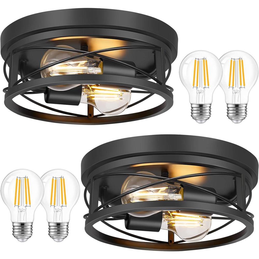 Feanron 2-Light Black Flush Mount Ceiling Light Fixtures, Industrial Farmhouse Metal Cage Closed to Ceiling Mount Lamp for Hallway Kitc