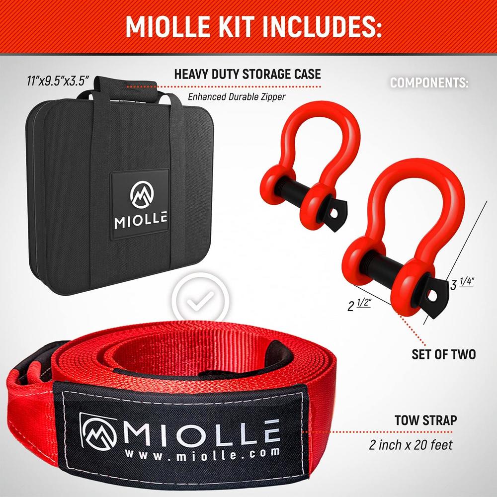 Miolle Tow Strap 2&#226;&#128;&#157;x20&#226;&#128;&#153;- 20990 lbs MBS (Lab Tested) Recovery Strap Kit Inclu