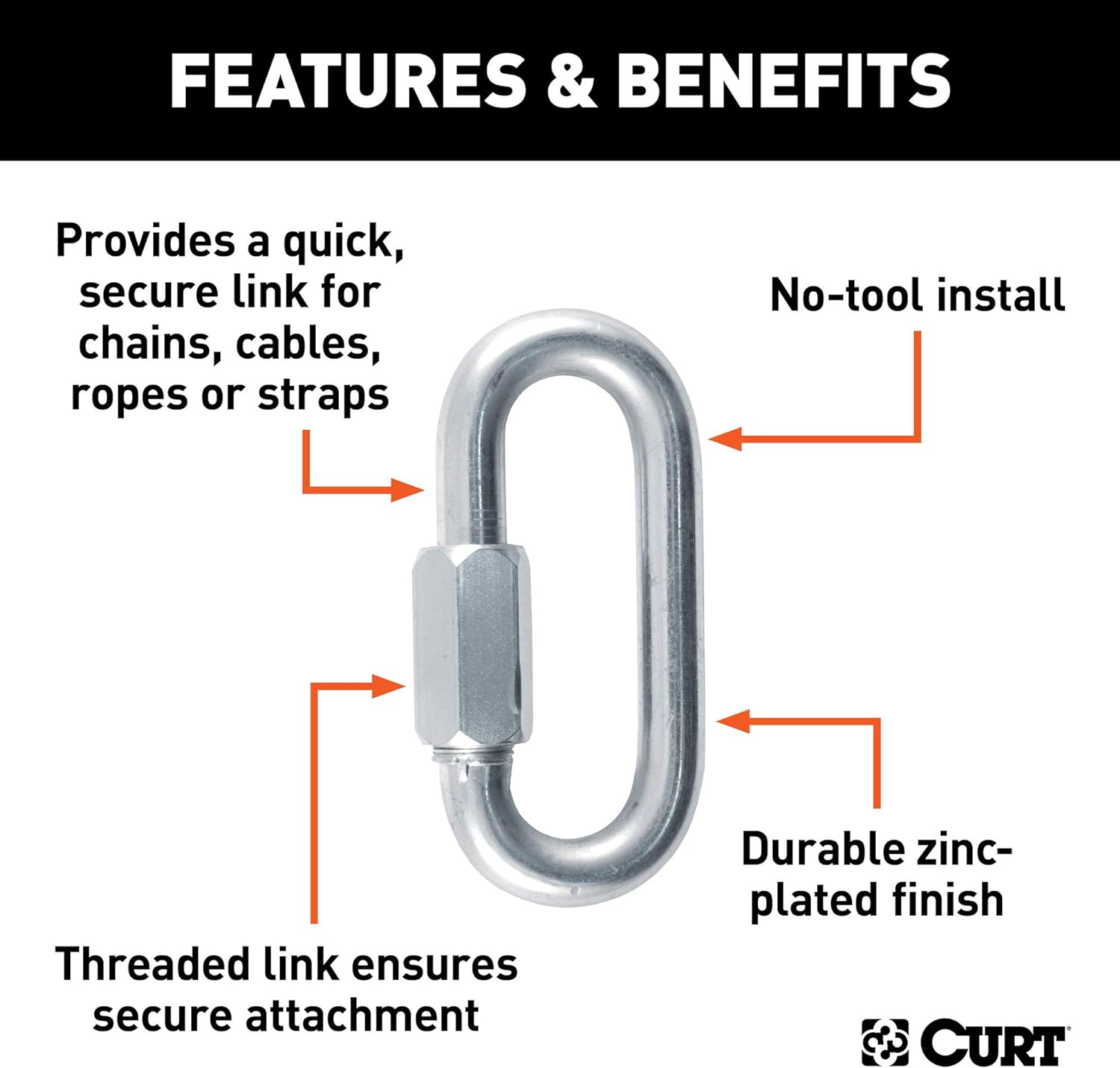 CURT 82932 Threaded Quick Link Trailer Safety Chain Hook Carabiner Clip, 1/2-Inch Diameter, 16,500 lbs Break Strength