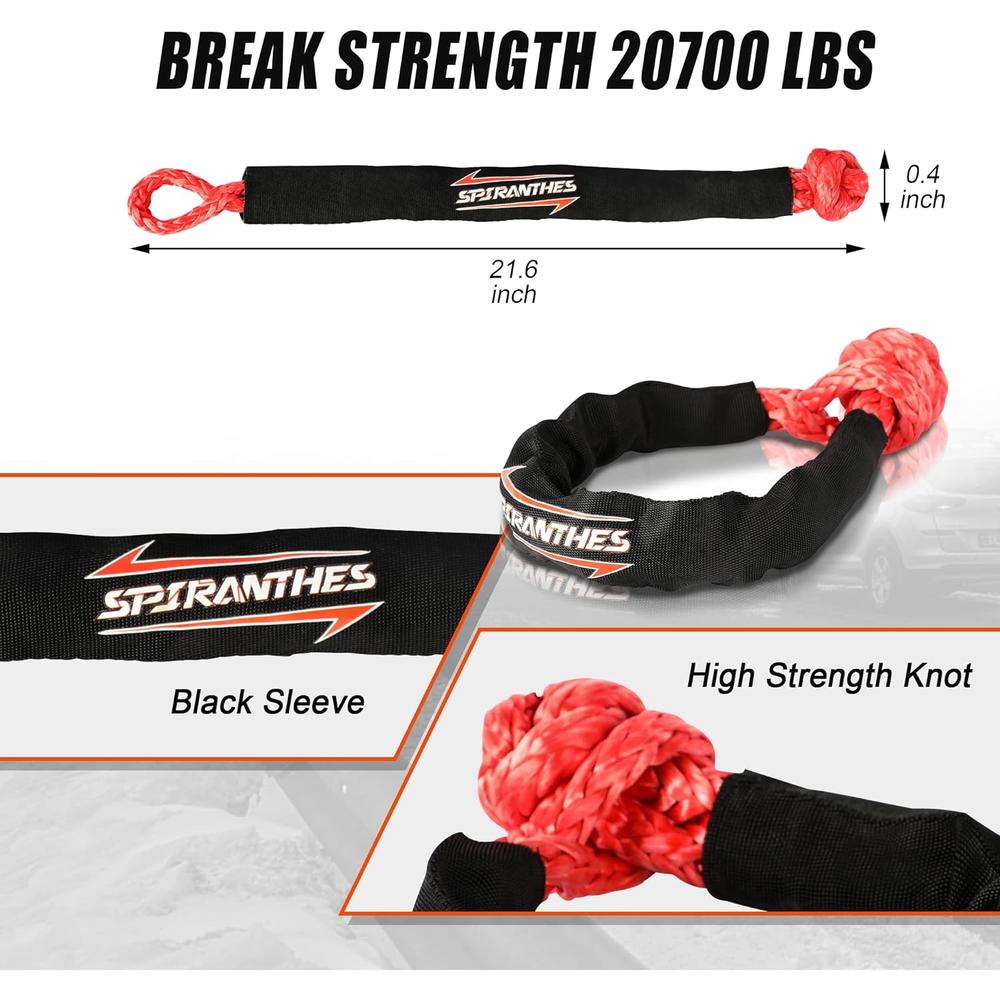 SPIRANTHES 3/4" x 30' Kinetic Recovery Rope, Tow Rope,Orange(27,600 lbs), Elastic Snatch Strap, with 2 Soft Shackles ,Storage Bag