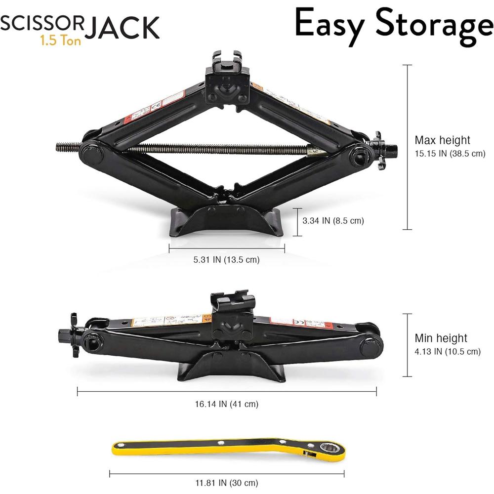 Amvia Scissor Jack for Car - 1.5 Ton (3,300 lbs) | Car Jack Kit - Tire Jack | Portable, Ideal for SUV and Auto - Smart Mechanis
