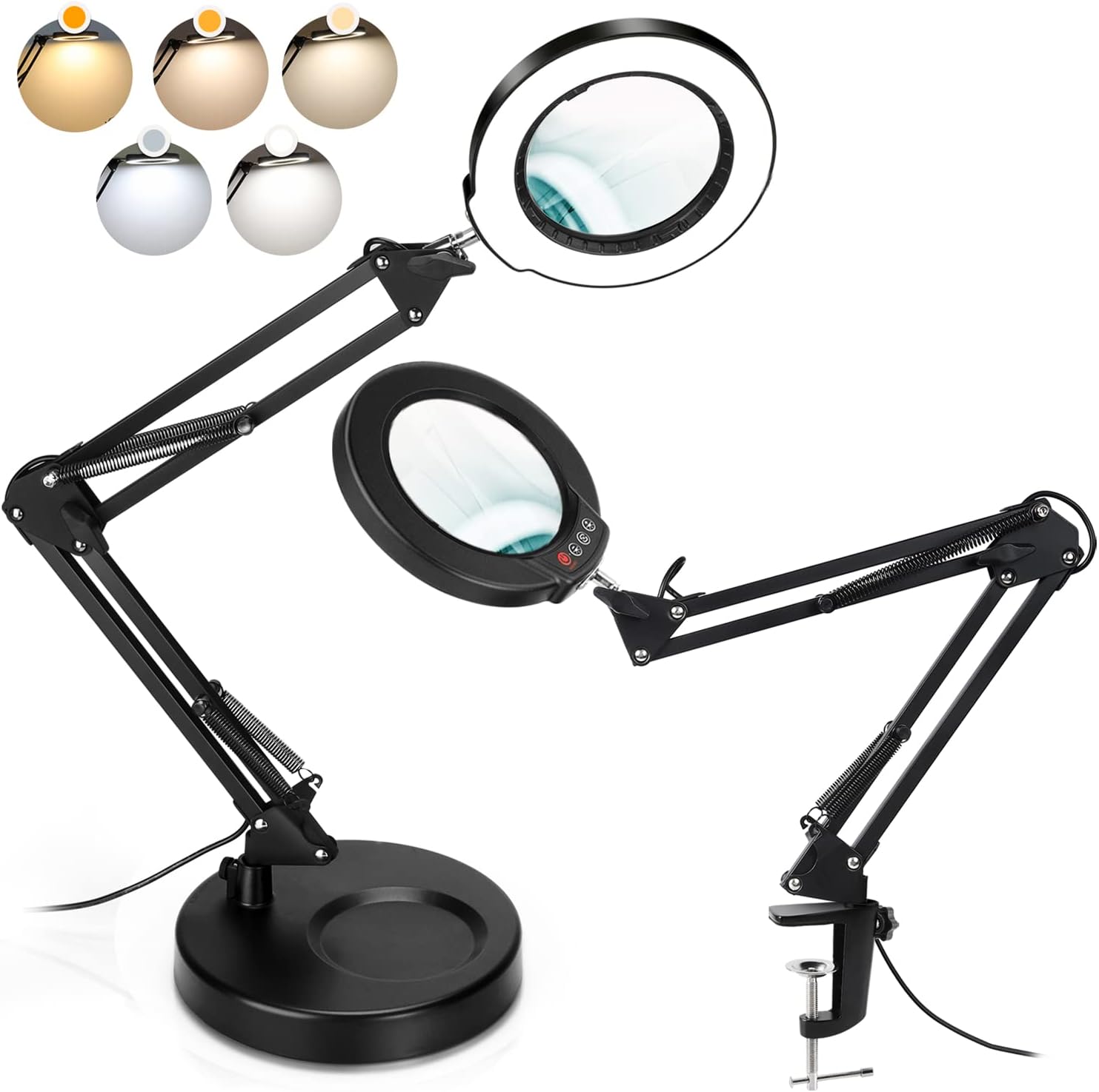 Krstlv 5X Magnifying Glass with Light and Stand, Upgrade Button 5 Color Modes Stepless Dimmable, 2-in-1 LED Lighted Magnifier Light, H