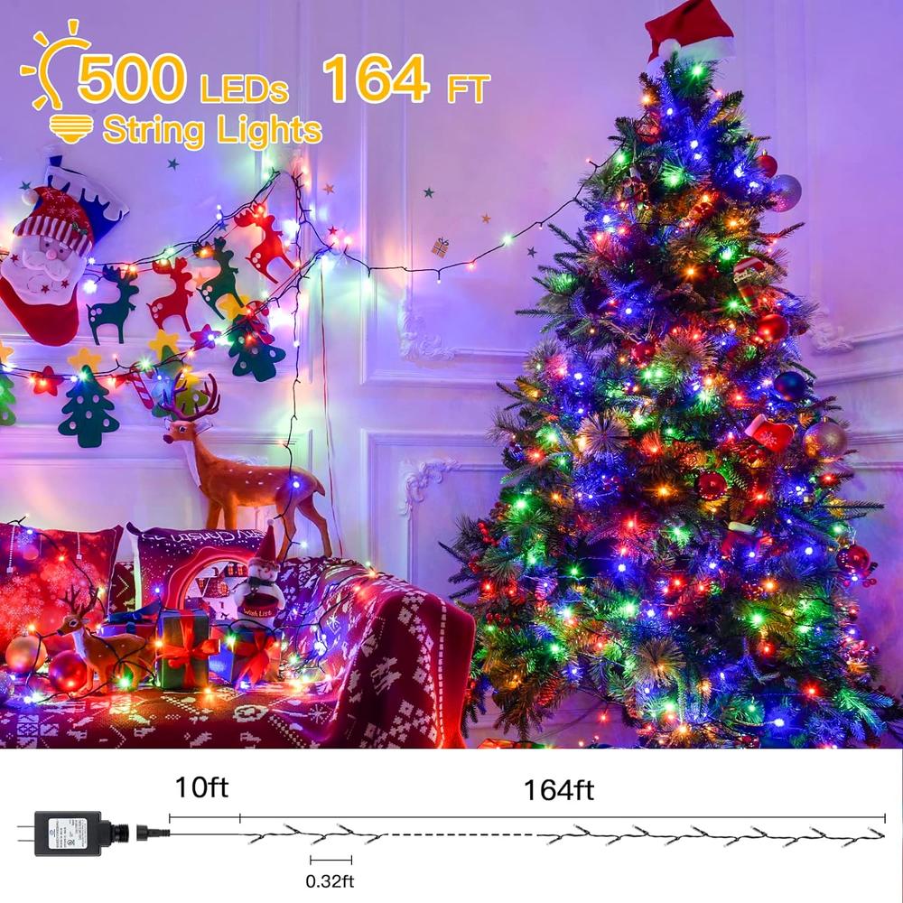 Ollny Christmas Lights Outdoor - 500LED 164FT Long Christmas String Lights with 8 Modes Remote Timer IP44 Waterproof, Fairy Lights fo