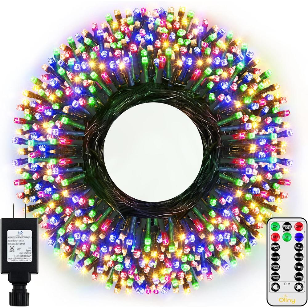 Ollny Christmas Lights Outdoor - 500LED 164FT Long Christmas String Lights with 8 Modes Remote Timer IP44 Waterproof, Fairy Lights fo