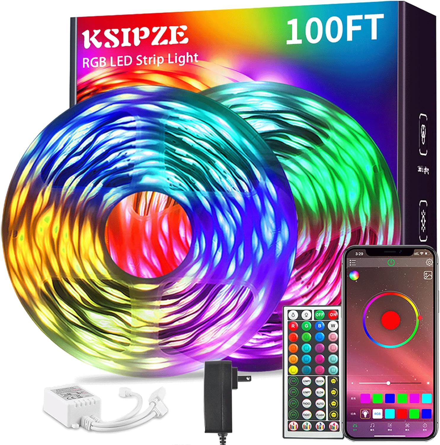 Ksipze 100ft Led Strip Lights RGB Music Sync Color Changing,Bluetooth Led Lights with Smart App Control Remote,Led Lights for B