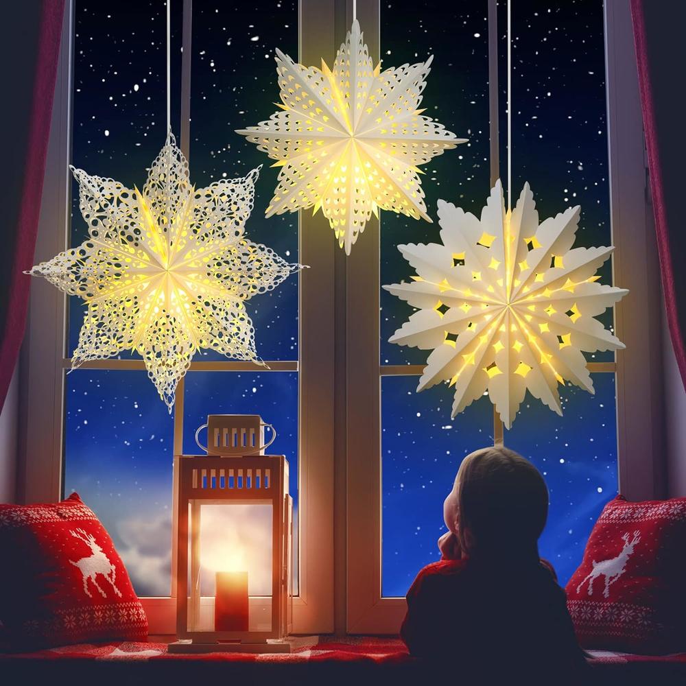 Mudder 5 Pieces Christmas Snowflake Paper Lantern with 7 Light Star Paper Lantern Paper Lamp Frozen Party Hanging Decoration for Chris
