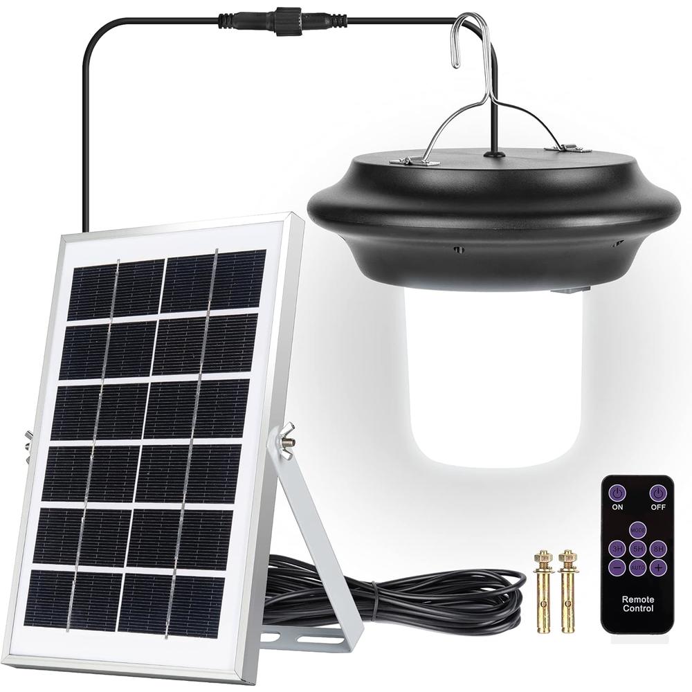 JACKYLED Solar Shed Light  Solar Powered Pendant Light Outdoor LED Shed Hanging Light with Remote Control, 3300mAh Battery, 16.4ft Cord,