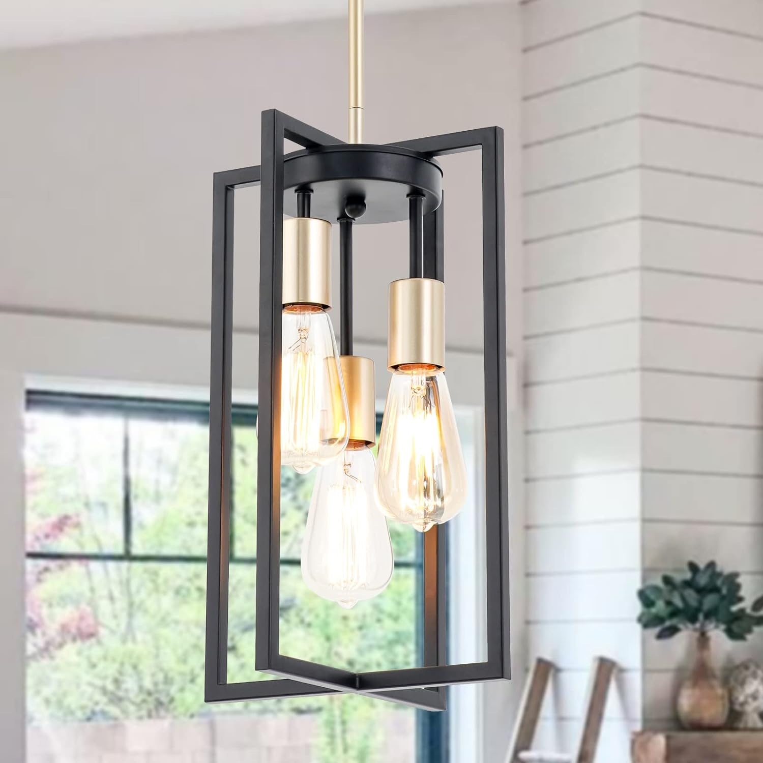 zhkung Industrial Farmhouse Pendant Lights, Rectangle 3-Light Modern Black and Golden Chandelier,Geometric Metal Cage Adjustable Rods