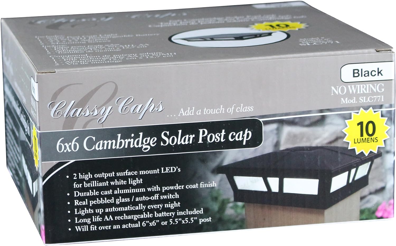Classy Caps SLC771 Outdoor Wireless Aluminum Powder Coated Cambridge Solar Powered Post Cap Light for 6 X 6 inch Posts. Low Profile Black.