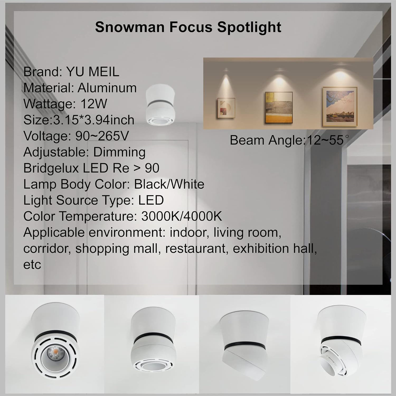 YU MEIL LED COB Adjustable Ceiling Spot Light Directional Spot Light Surface Mount Wall Light 12W Aluminum Spot Light for Wall Light Co