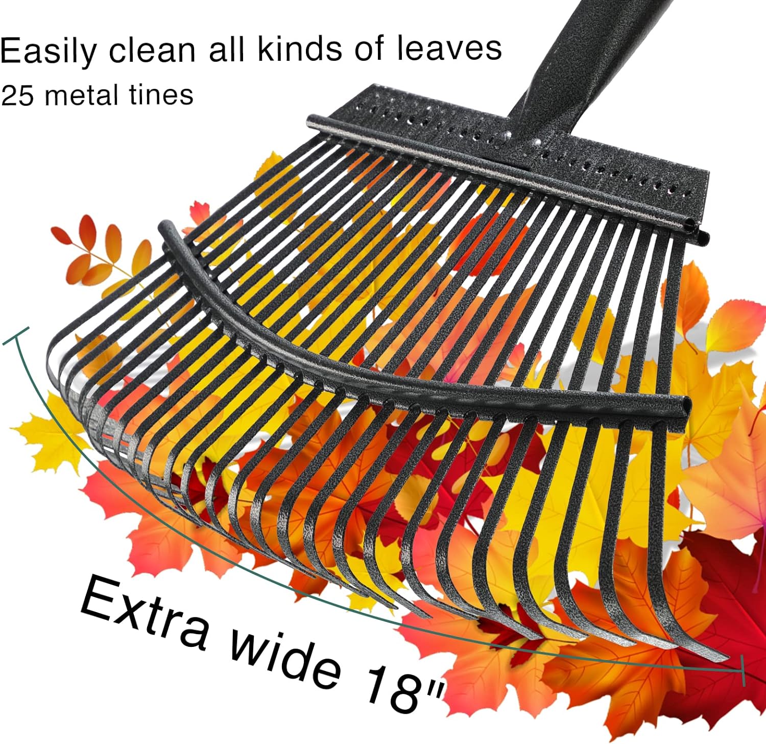 DonSail Leaf Rake for Leaves, 18" Wide Heavy Duty Metal Garden Rake 25 Tines, Adjustable Lawn Yard Shrub Kids Rake 36-50"