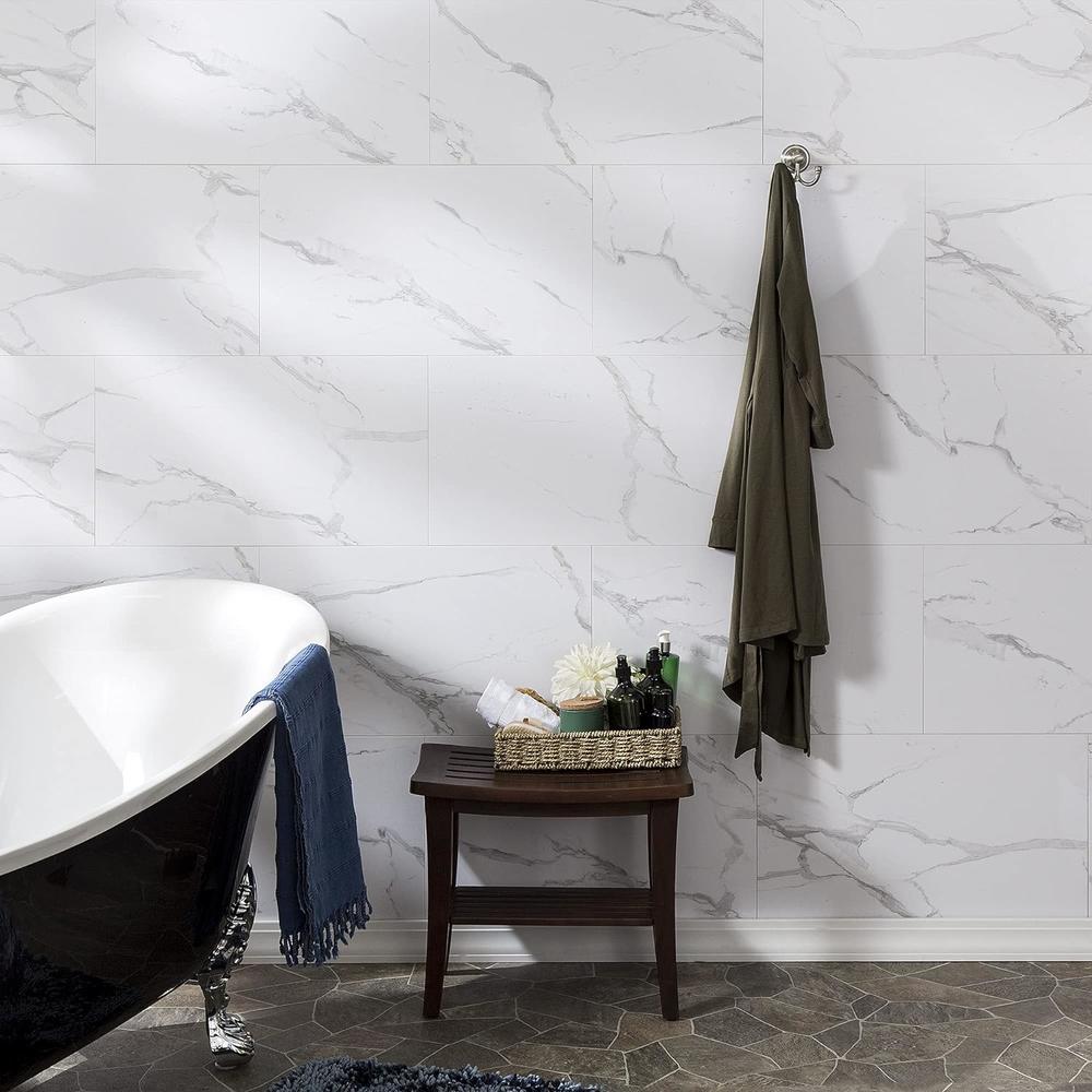 ACP Palisade 25.6 in. x 14.8 in. Interlocking Vinyl Waterproof Wall for Kitchen or Bathroom in Carrara Marble (8 Pack)