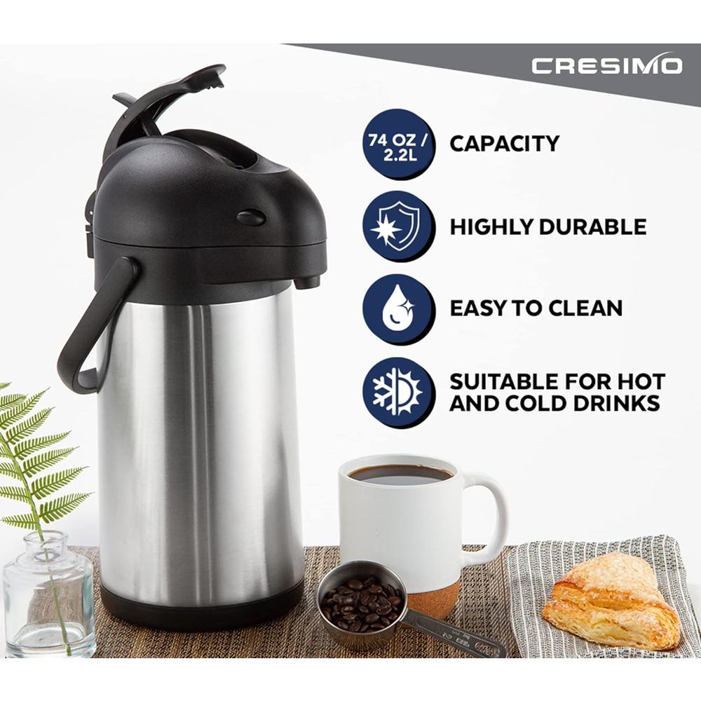 Cresimo 74 Oz Airpot Thermal Coffee Carafe - Insulated Stainless Steel Coffee Dispenser with Pump - Thermal Beverage Dispenser - Thermo