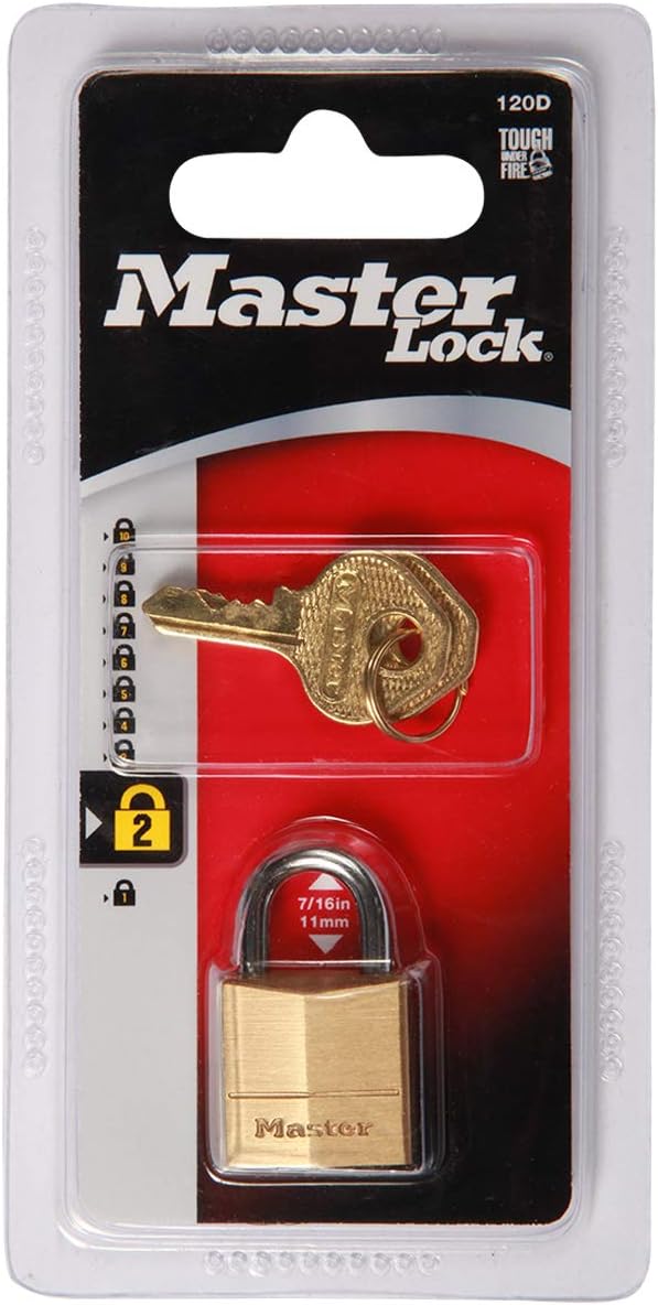 Master Lock Padlock, Solid Brass Lock, 3/4-Inch Body Width, 120T, Keyed alike, 2-Pack