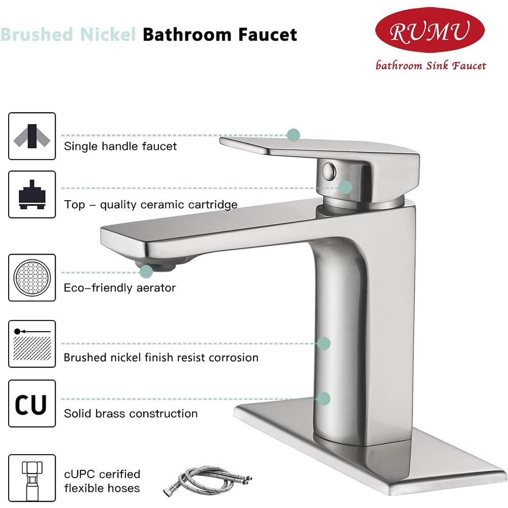 VOTON Brushed Nickel Bathroom Faucet Single Handle Bathroom Faucet 1 or 3 Hole Bathroom Sink Faucet with Deck Plate RV Bathroom Fauce