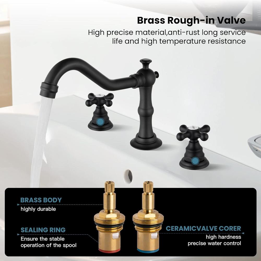 Generic 3 Hole Matte Black Bathroom Sink Widespread Faucet Mixing Tap Deck Mount Double Handle Cross Knobs Faucet with Pop Up Drain