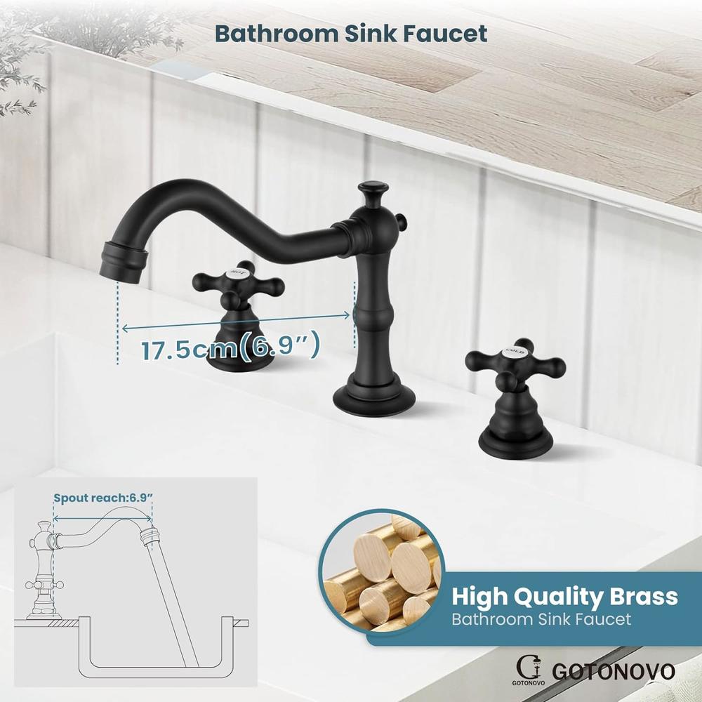 Generic 3 Hole Matte Black Bathroom Sink Widespread Faucet Mixing Tap Deck Mount Double Handle Cross Knobs Faucet with Pop Up Drain