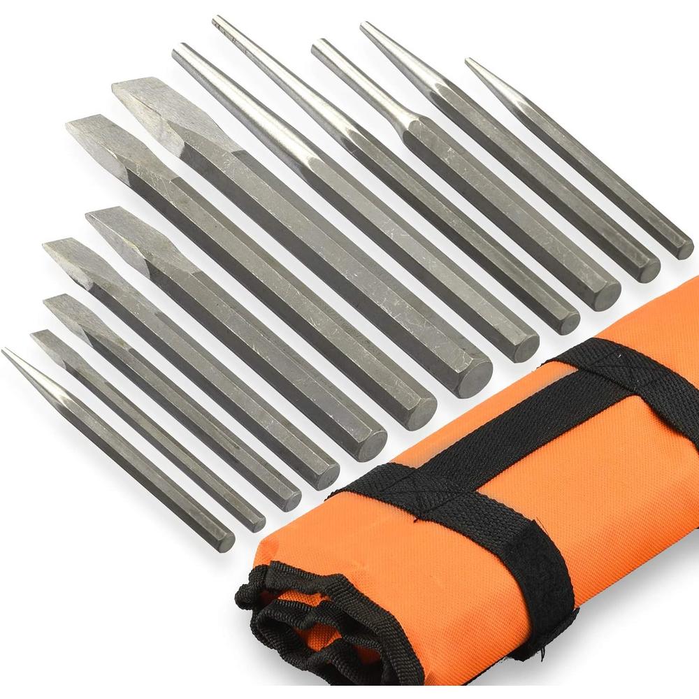 Ridgerock Tools Inc. NEIKO 02623A Cold Chisel and Punch Set | 12 Piece | Cr-V Steel | Remove Pins and Bushings | Cut or Split Steel Objects