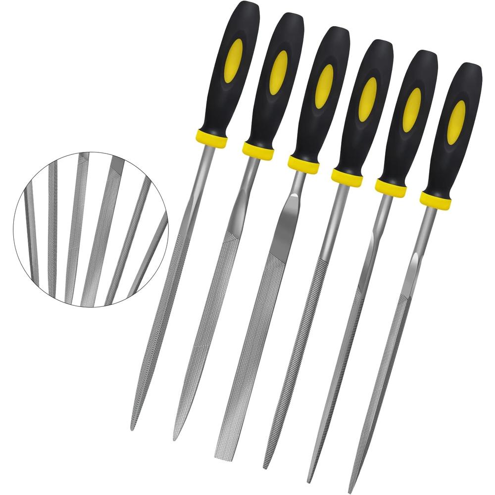 Kapoua Needle File Set Hardened Alloy Strength Steel Set for 6 Pieces Hand Metal Files, Includes Flat, Flat Warding, Square, Triangula